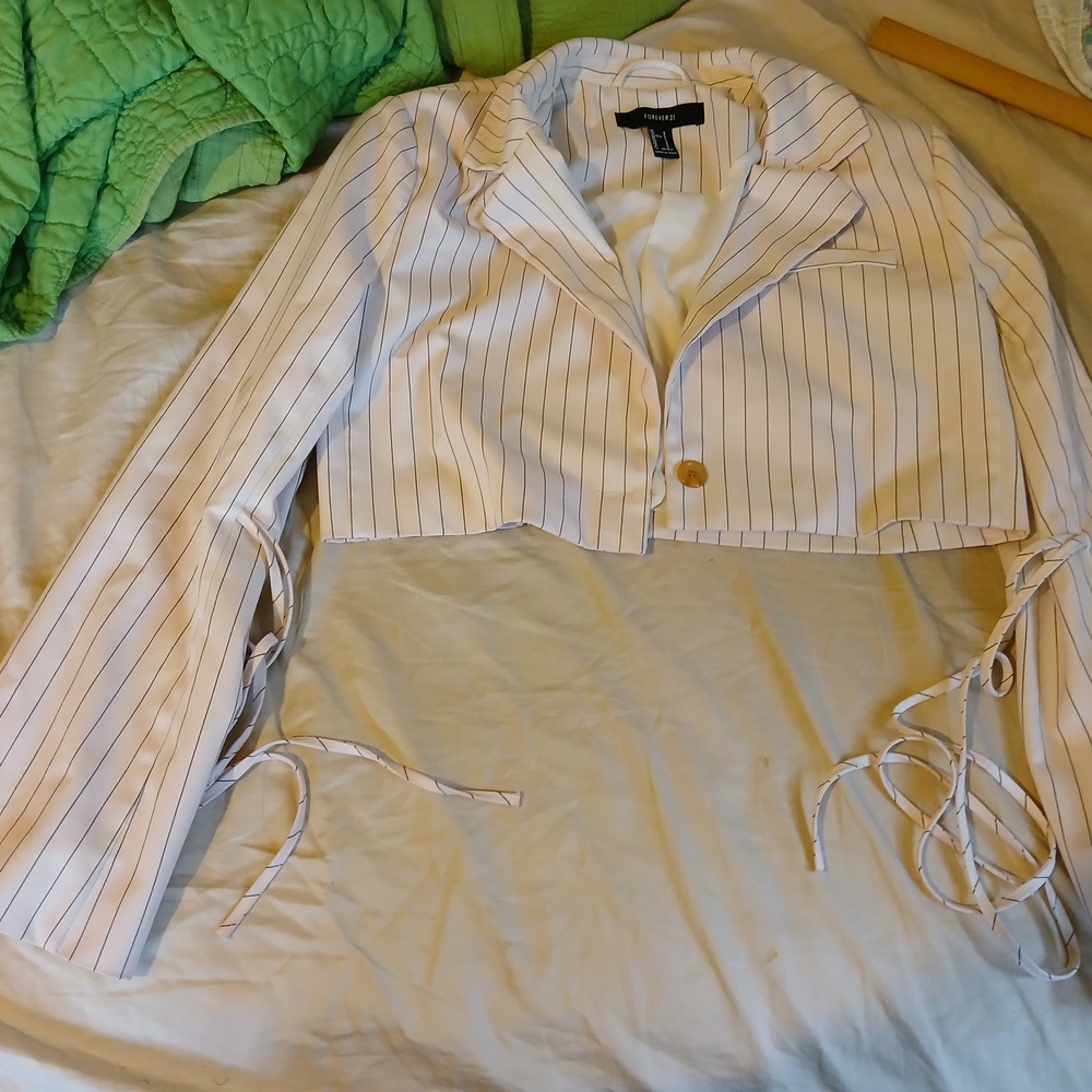 Striped White Cropped Blazer with Ties